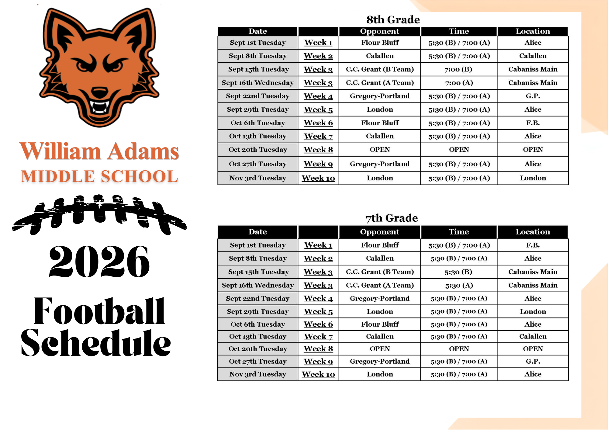 2026 WAMS Football Schedule
